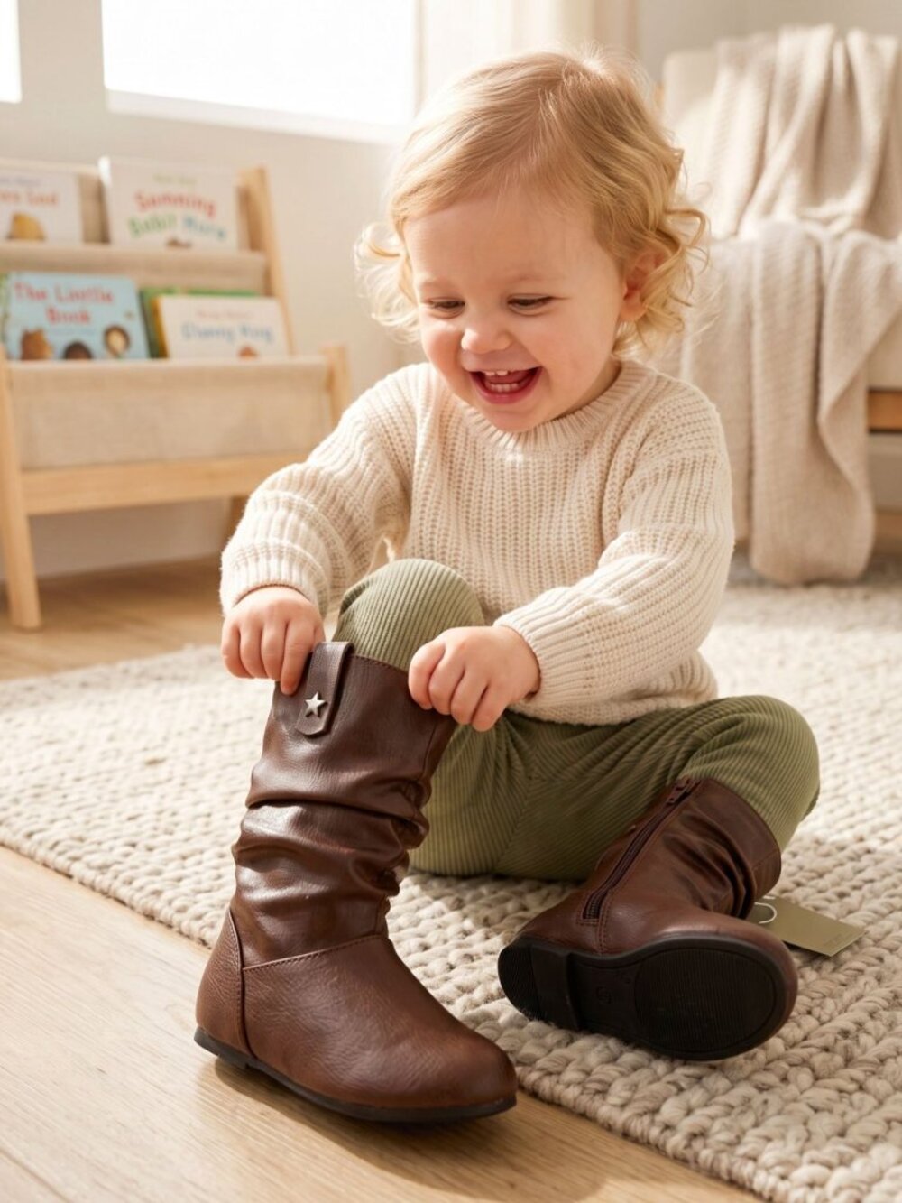 The Children’s Place ✦ Brown Slouchy Boots ✦ Star‑Accent Pull Tab Side Zipper 5